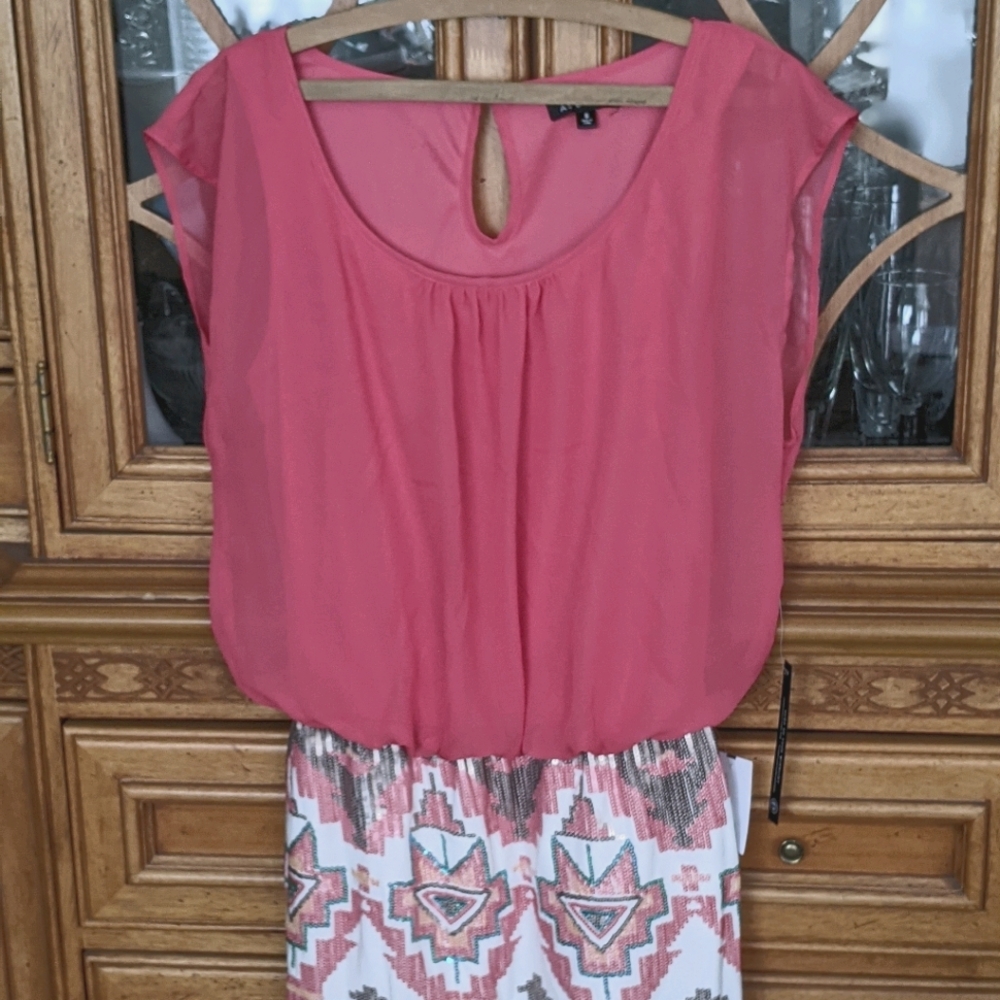 Coral miniskirt dress with sequin work